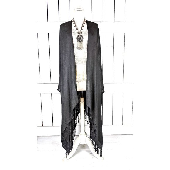 Black solid pashmina kimono cover up fringe jacket - Picture 1 of 4